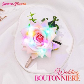 Catery Pink Boutonniere Light Up Rose Groom Pocket Flowers Suit Decarations Wedding Buttonholes Accessories for Men (Pink-Color Light)