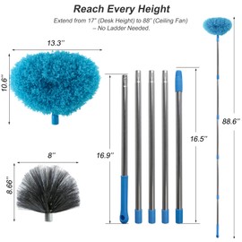 Extendable Duster with Cleaning Brushes Set, 17-88 Inch Telescopic Handle, Microfiber Head for Ceiling Fan, AC, Door, Wall, Blue