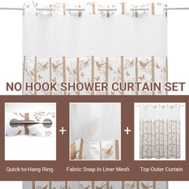 VIUOON No Hook Shower Curtain with Snap-in Fabric Liner Set, Double Layers Heavy Duty Fabric Little Birds Pattern Bathroom Curtain with See Through Top, Hotel Grade, Machine Washable, 71Wx74L