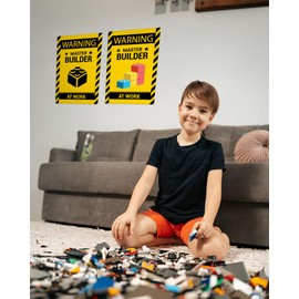 2 Pcs Wall Decor Warning Master Builder at Work, Vinyl Print Building Block Bricks Door & Room Caution for Brickbuilders, Child, Kids- Small(7”x10”)