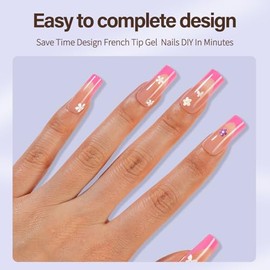Misssix XBASICTIPS Uñas postizas francesas rosas, 150 unidades, largas y cuadradas, preformadas, sin limar, 3 en 1, para extensiones de uñas, 15 tamañ