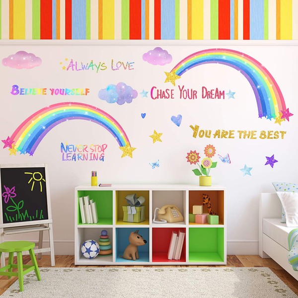 3 Sheets Rainbow Wall Decals for Girls Room, Colorful Rainbow Butterflies Clouds Star Heart Wall Sticker Inspirational Wall Decal for Girls Kids Bedroom Nursery Christmas Birthday Party Decoration