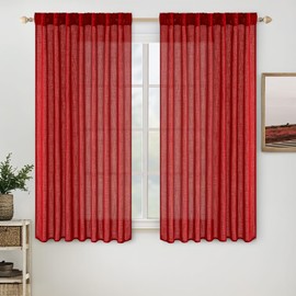 MIULEE Red Linen Curtains 63 Inch Length 2 Panels for Bedroom Living Room, Soft Thick Linen Textured Window Drapes Semi Sheer Light Filtering Back Tab Rod Pocket Burlap Look Decor