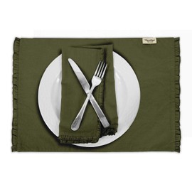 Vargottam Dark Olive Green Home Decor Cotton Flex Reversible Fabric Frill Placemats Table Dining Mats-Set Of 4