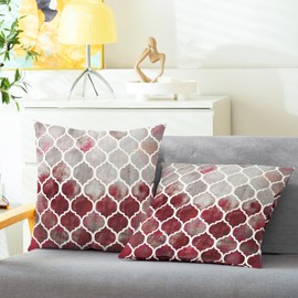 CaliTime Pack of 2 Cozy Throw Pillow Cases Covers for Couch Bed Sofa Manual Hand Painted Colorful Geometric Trellis Chain Print 45cm x 45cm Main Grey Red Burgundy