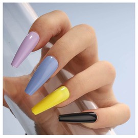 Yheakne Extra Long Coffin Press on Nails Glossy Ballerina Rainbow Fake Nails Neon Colorful Clip on Nails Colorful Press Nails Art Fashion Acrylic Nails Full Cover Artificial False Nails Tips for Women and Girls 100Pcs (Style C)