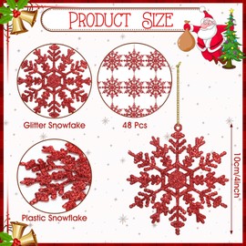 Vertintong 48 Pcs Burgundy Christmas Glitter Snowflake Ornaments Hanging Plastic Glitter Snowflake Christmas Tree Decorations for Xmas Winter Home Garland Holiday Decoration