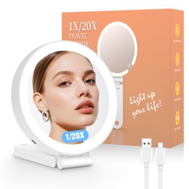 VueCute Travel Makeup Mirror with Lights, 20X/1X Double-Sided Magnifying Mirror with 3 Color Lights, Brightness Adjustable, Rechargeable, Foldable Handheld Makeup Mirrors Portable for Travel Use