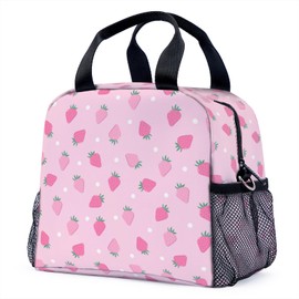 OHTIWTT Cute Strawberry Pink Lunch Bag for Women Men Cute Large Capacity Thermal Lunch Tote Reusable Washable with Adjustable Shoulder Strap and Dual Large Mesh Side Pockets