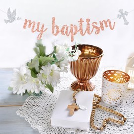 Goilpanitdia My Baptism Banner, Bless This Child, Mi Bautizo, Glittery Baptism/Cofirmation/Wedding/Baby Shower/1st Birthday Party Decorations, Rose Gold & Silver