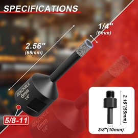 REKCKRUL 1/4" Dry Diamond Core Drill Bits (2-Pack) – Vacuum Brazed Hole Saw for Tile, Marble, Brick, Granite – 5/8-11 Thread Angle Grinder Compatibility, 6mm