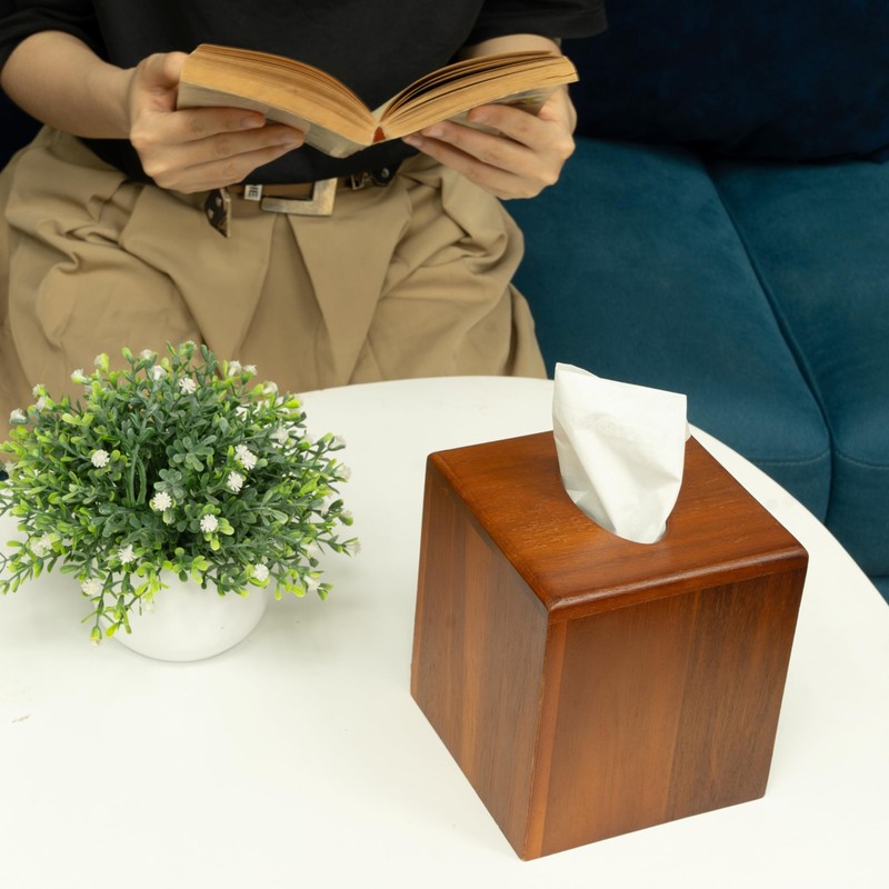 KOLWOVEN Acacia Wood Square Tissue Box Holder - Farmhouse Style,