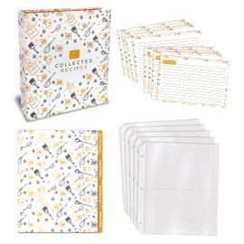 Better Kitchen Products Recipe Binder, 8.5" x 9.5" 3 Ring Binder Organizer Set (with 50 Page Protectors, 100 4" x 6" Recipe Cards & 12 Category Divider Tabs) Black & Gold Montage Design