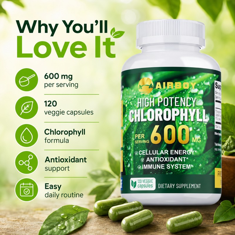 Chlorophyll Capsules for Adults – 600mg Daily Green Supplement for