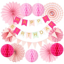 OSDUE Reusable Birthday Decoration, Pack of 26 Rainbow Party Decoration Set, Happy Birthday Garland, Bunting, Honeycomb Balls, Paper Fans, Reusable Party Decoration for Men and Women (Pink)