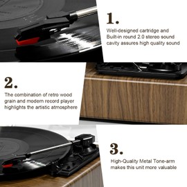 Record Player, FYDEE Vinyl Record Player with Speakers Vintage Turntable for Vinyl Records, Belt-Drive 3-Speed 33/45/78 RPM LP Vinyl Player, Supports Headphone Jack, AUX IN, RCA Output - Gray