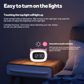 Kinberry Digital ChildrenS Alarm Clock With Night Light - Light Alarm Clock for Girls Boys Teenagers School Back To School Gifts 18 Ringtones Dual Alarms Snooze Modes 12/24 Hours, Pink