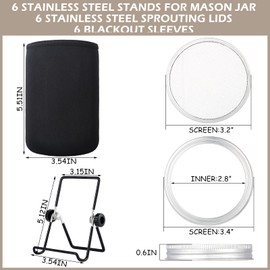 6 Pack Sprouting Lids with Stainless Steel Jar Stands, Blackout Sleeves, Kit for Wide Mouth Mason Jars, Organic Sprouts