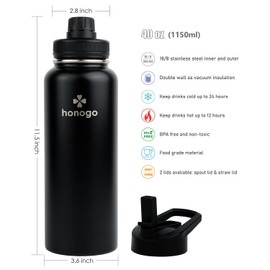 honogo 40 oz Double Wall Insulated Sports Water Bottle for Men, Women & Kids, 18/8 Stainless Steel Wide Mouth Thermos Flask with Straw Lid & Spout Lid, Leak Proof, Keep Hot and Cold (Black, 40 oz)