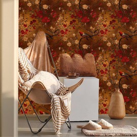 REDAMANCY Vintage Dark Red Yellow Peony Floral Bird Peel and Stick Wallpaper Stick on Contact Paper Vintage Wall Paper Easy Peel Off for nightstand Drawer Cabinet Renter