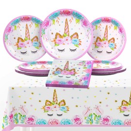 Unicorn Birthday Decorations for Girls, Unicorn Disposable Table Plates, 16 Pcs Unicorn Plates and Napkins, 1 Unicorn Tablecover, Unicorn Birthday Party Supplies