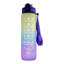 Water Bottle with Straw – Leakproof & BPA-Free | Time Marker for Daily Motivation | Ideal for Gym, Office, Cycling, School, Outdoor Fitness 1Liter (32oz) (Yellow-Purple)