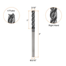 sourcing map Carbide Square Nose End Mill Bit 3/16" Cut Dia 4 Flutes TiAlN Coated Milling Cutter for Hardened Steel Metal (3/16" Shank 1" Cut Length 3" Long 30 Degree Helix)