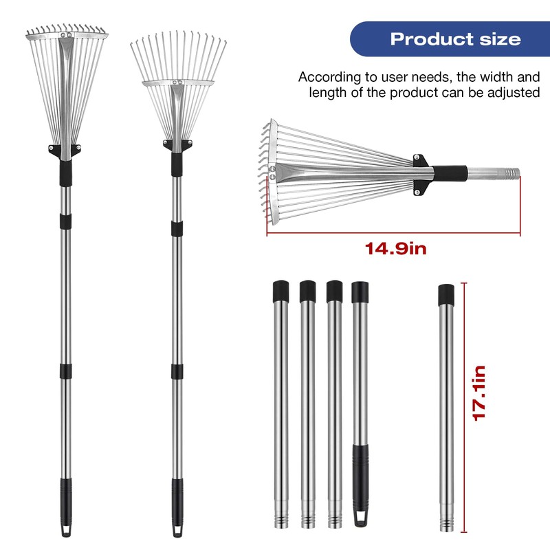 PEAKCLOUDS Adjustable Metal-Leaf Rake with Telescopic Handle - Lawn &