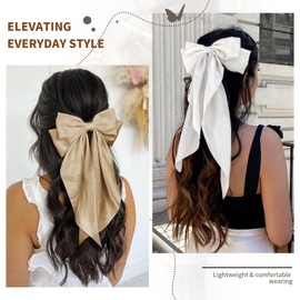 3 Pcs Silky Satin Big Hair Bows Ribbon Hair Barrettes Clip Large Bow Hair Slides Metal Clips French Barrette Long Tail Hair Accessories Soft Hairpin for Women (Black,Khaki,White)