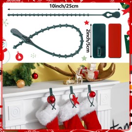 Cinnvoice 12 Pcs Christmas Green Garland Ties 10" Adhesive Silicone Straps Mantel Banister Ties Hooks Reusable Stretchable Hangers for Railing Stocking Wreaths Fences Holiday Decorations