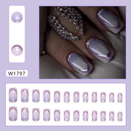 French Tip Press on Nails Medium Square Fake Nails Gradient Purple French False Nail Tips with Silver Glitters Winter Nail Art Decorations Cute Medium Glue on Nails Almond Stick on Nails for Women
