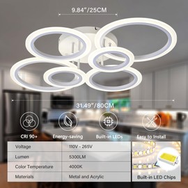 ZUYURT Modern LED Ceiling Light, 6 Rings Flush Mount Ceiling Lighting Fixtures, White LED Ceiling Lamp for Kitchen, Living Room, Bedroom, Laundry Room, 4000K