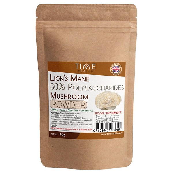 Lions Mane (Hericium erinaceus) Mushroom Extract - 100g Powder - 30% Polysaccharides - Hericenones - Fruit Body - Zero Additives - British Brand (100g Powder Pouch)