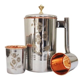 Stainless Steel and Pure Copper Water Pitcher with 2 Matching Tumblers for Ayurveda Health Benefits (57.48 fl. Oz.) (Etching with Brass Knob)