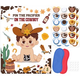 Pin The Pacifier on The Cowboy Party Games, Western First Rodeo Baby Shower Game Include a Cowboy Baby Poster, Blindfold & 36 Pacifier Stickers for Little Cowboy Shower Decorations and Activities