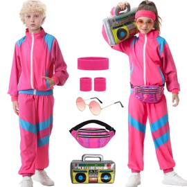 TIMSOPHIA 80s Tracksuit for Kids, 90s Outfits Boys Girls Hip Hop Dance Costume for Retro Theme Party, Colorblock Jacket, Pink, 11-12 years