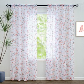 Linentalks Floral Coral Sheer Curtains 84 Inches Long 2 Panels Set, Cherry Flower Pattern Terracotta Sheer Curtain Drapes for Living Room, Rod Pocket Sheer Rust Curtains for Bedroom