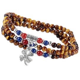 KYEYGWO Clover Leaf Crystal Beads Bracelet for Unisex, Buddhist Necklaces Chakra Bracelets Healing Stone Wrap Wrist Bracelet Lucky Charm Blessing Jewelry, Tiger's Eye Stone