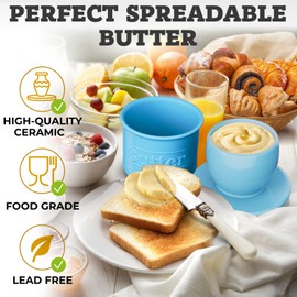 Premium Butter Crock with Lid - Original Design French Butter Dish - Beautiful Ceramic Butter Keeper for Counter with Water Line - Perfect to Keep Butter Soft and Spreadable - Light Blue