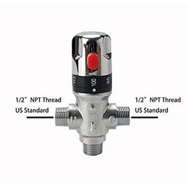 TreMax Thermostaic Mixing Valve with 1/2 NPT Thread, Shower Mixing Valve with NPT Connector no need Adaptors, Temperature Control Valve, Fahrenheit Scale Mark, Solid Brass- Silver
