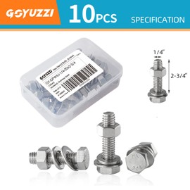 1/4-20 x 2-3/4 Hex Head Bolts Screws, Nuts, Flat & Lock Washers, Stainless Steel 304, Machine Fully Thread, Bright Finish, Assortment Kit 10Sets