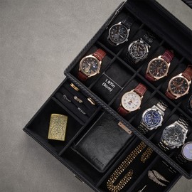 ProCase 12 Slot Watch Box for Men, Jewelry Organizer Box with Drawer, Display Storage Case with Glass Lid -Allblack