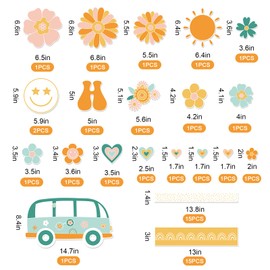 AnyDesign 59Pcs Retro Boho Classroom Bulletin Board Decoration Kit Groovy Daisy Rainbow Sun Bulletin Board Set Hippie Decoration Borders Cutouts with Glue Points for Classroom Office Home Wall Decor