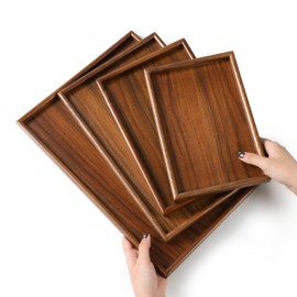 Premium Dining Rectangular Wooden Tray Set of 4(10", 12", 14", 16")-100% Natural Walnut Wood Serving Platter for Coffee Table-Functional Ottoman Tray Home Decor Platter for Breakfast & Dining