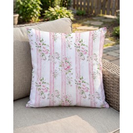 PreLiving Vintage Pink Floral Pillow Cover 18x18 – Striped Pastel Rose Cushion Case for Coquette Cottagecore Bedroom or Grandmillennial Decor