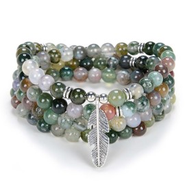 Feather Charm Zen Mala Beads Yoga Inspirational Necklace 108 Durable Self Discovery Mala Meditation Prayer Beads Wrap Bracelet (Indian Agate)
