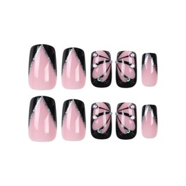 Butterfly Press on Nails Medium Square Shape Black French Tip Fake Nails Rhinestone Design Silver Glitter False Nails Glossy Reusable for Women Girls Daily Wear Manicure 24pcs