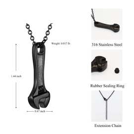 Cremation Jewelry for Ashes Wrench Hammer Stainless Steel Urn Pendant Locket Keepsake Holder Ashes for Pet Human Memorial Urn Necklace for Women Men (Black)