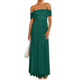 MASCOMODA Women Off The Shoulder Mesh Maxi Dress Bodycon Ruched Formal Sleeveless Pleated Cocktail Wedding Guest Long Dresses(Green,Small)
