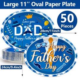 Qyeahkj 50 PCS Father's Day Oval Paper Plates Large 11” Disposable Happy Father's Day Party Decorations Love You Dad Supplies Favor for Fathers Day Papa Daddy's Grilling Gifts Party Tableware Set